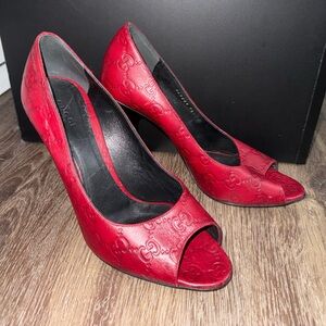 Gucci Red Embossed Peep-Toe Heels